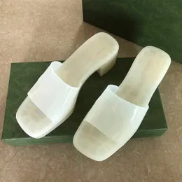 Kvinnors Slide Sandal Slipper High Heels Platform Sandaler Flip Flops Designer Gummi Transparent tofflor Sommarstrand med l￥da