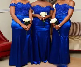 Royal Blue Short Sleeves Scalloped Neck Lace Applique Beaded Satin Bridesmaid Dresses Mermaid Floor Length Wedding Guest Dress Gow4529051
