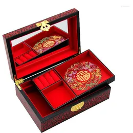 Smyckespåsar Vackra kinesiska handgjorda klassiska trälacquer plommonblomma 2 lager låda 014