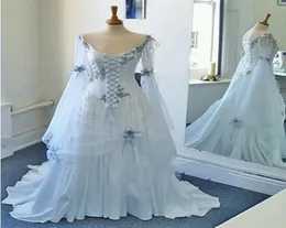 2019 Vintage Celtic Brautkleider weiß und hellblau farbenfrohe mittelalterliche Brautkleider Schaufel Corset Langarmanlagen Custom 9169100