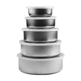 5pcs/set Stainless Steel Food Storage Container Silver Fresh-keeping Boxes With Clear Plastic Lids 10cm 12cm 14cm 16cm 18cm