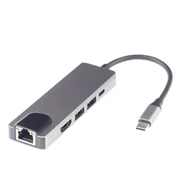 Webbkabel 5 i 1 Typ C till RJ45 4K HDTV USB 3.0 Laddningsnavadapterkonverterare för MacBook Pro