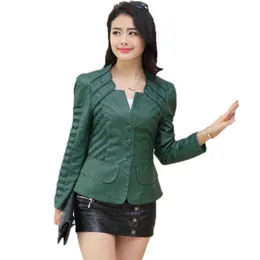 Nueva chaqueta de cuero de otoño de primavera 2017 mujeres delgadas de cuello de cambio negro con faux faux piñón de piel grande motociclista de motociclistas verde J220727