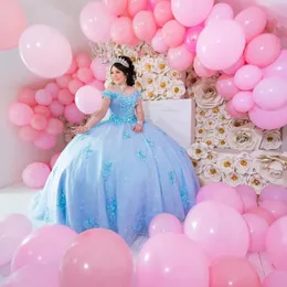 Голубые шариковые платья Quinceanera платье аппликации бусинки с блестками 15 -й день рождения платье Сладкое 15 16 Платье Принцессы Театра