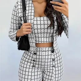 Womens Two Piece Pants Summer Autumn Women Three Pieces Set Casual Plaid Print Bandeau Crop Top Buttoned Shorts with Coat Fashion Office Lady 221115