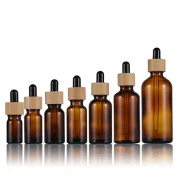 Bottiglia di contagocce in vetro ambra 5-100 ml con berretto di bambù bottiglie di olio essenziale