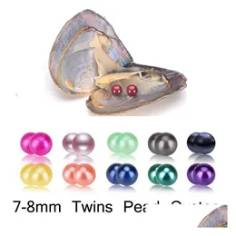 Pearl Diy Freshwater 78mm Twins Pearls in Oesters 27 kleuren Oyster met vacuumpa- luxe sieraden Verjaardagscadeau voor vrouwen Drop del Dh1st