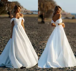 Boho White Satin A Line Wedding Dresses Elegant Off the Shoulder Simple Beach Brudklänningar Ruched Sweep Train Modern Second Reception Dress Robes de Mariee CL1456