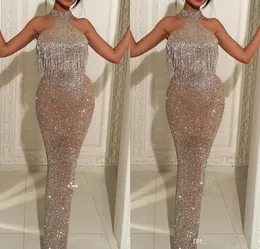 Sparkle Sequins Tassels Mermaid Prom Dresses 2019 Elegant Bling Halter Neck Manecels Vestidos de noche Middle East Celebrity Gowns4286330