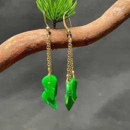 Dangle Ohrringe Natural Jadeit Jade Bl￤tter 18k Haken Kette Ohrh￶rer Mode S￼￟wasser Osterparty Kultiviert Sch￶nes Gl￼ck