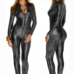 Kvinnor Jumpsuits Rompers Sexiga kvinnor Snake Skin Faux Leather Catsuit Bodycon Bodysuit Front Zip Wetlook Stretch Bodystocking Erotic Costumes 221115