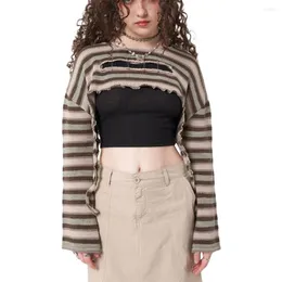 Kadın bluzları Kadınlar Knited Stripes Uzun Kollu Bluz Bloz Boş Yuvarlak Yuvarlak Kısa Krop Üstler Punk Stil Kadın Gömlek Giyim