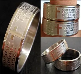 Bulkpartijen 100 stks Topmix van religieuze Jezus Bijbelgebed Ringen Geëtste heren Sereniteit Gebed zilver 8mm 316l roestvrij staal Cross 9483099