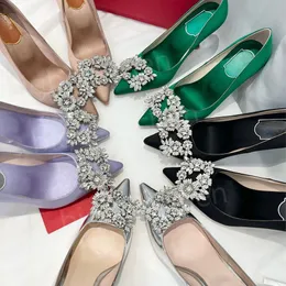 Damskie buty sukienki wysokie obcasy sandały projektant luksusowy satynowy rhineau spiczasty kwiat patent skórzany czarny srebrny srebrny purpurowy fioletowe buty ślubne 8,5 cm 35-40