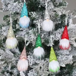 7 datorer/parti juls paljetter Faceless Doll Ornament Long Beard Plush Gnome Santa Xmas Tree Door Hanging Pendants Home New Year Party Holiday Decorations Gift