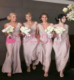 Modest ALine VNeck Bridesmaid Dress A Line Plus Size AnkleLength Blush Stretch Satin Maid Of Honor Wedding Guest Gown For Count2059099
