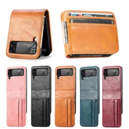 For Z Flip 4 3 Cell Phone Cases Samsung Galaxy Suitable Back Cover With Card Slot Leather Wallet Protective Shockproof Case Anti Seismic Anti Drop