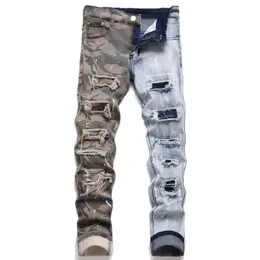 Vintage Pants Jeans Męskie zip Camo Patchwork Stretch Black Mens Jean Slim Fit Moto Biker Causal Denim Spodnie Hip Hop 29-38