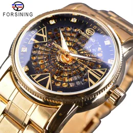 Forsining Royal Golden Skelemon Diamond Display Men Wrstwatch Wristwatch Top Brand Luxury Steel Automatic Watch249Q