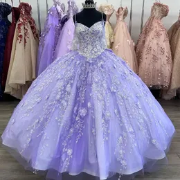 Glitter lilac spagetti kayış quinceanera elbise ile yay payetleri ile tatlı 15 balo vestidos 3d çiçek balo elbisesi junior doğum günü partisi giyim