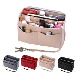 Fashion New Women Multi Pocket Felt Cosmetic Makeup Bag Organizer Multifunction Insert Storage Tote Fabric Bag Handbag S M L273E