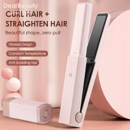 Curling Irons 2 in 1 USB Cordless Hair Straightener Splint Styling Curler Pink Portable Travel Dorm for Student Unique Gift 221116