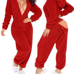 Kvinnor Tvåbitar byxor Sexiga kvinnor Julutskärning 3D öratknappad klafffunktionell fluffig lounge Jumpsuit Knapp Design Plunge 221115