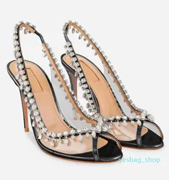 Aquazzu Sandals Shoes High Heels PVC Slingback Pumps女性のための夏の品質クリスタル編集メタリックレザーレディセクシー