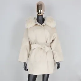 Mulheres misturas de lã cxfs gola de pele natural capuz cashmere casaco real jaqueta de inverno feminino oversize solto outerwear cinto 221115