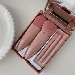 Escovas de maquiagem 5pc portátil Conjunto rosa Tamanho da viagem curta maquiagem kit de pincel em pó Power Power Plástico Case com espelho226r