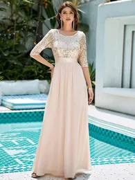 Vestidos de festa elegante noite uma linha de chiffon Long Chiffon Crew pescoço sempre de lantejoulas simples, vestido de dama de honra 221116