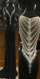 Vestidos de noite de sereia de profundo vneck 2019 Sweep Train Long Formal Black Chiffon Prom Dresses Pearls Beadings Mother Brides Dress PA4813554