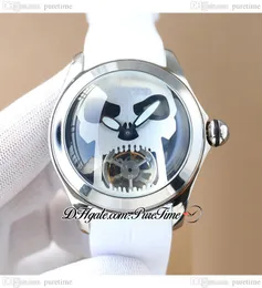 Bubble 46 A21j Automatic Mens Watch Steel Case Black Skull Tourbillon Dial White Rubber Strap Watches Puretime E56B2