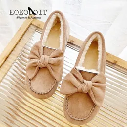 Dress Shoes Boots EOEODOIT Cotton Shoes Autumn Winter Big Bowknot Decor Women Thick Plush Loafers Round Toe Flat Heel Casual Warm Flats Sneakers 221116