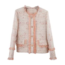 2022 Autumn Pink Color Solid Color Painel Tweed Casaco de tweed de manga longa Cesquinas de pescoço de renda com peito de peito único casaco curto