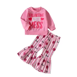 INS GIRL 'S PINK Long Sleeve Tops Love Heart 인쇄 넓은 다리가있는 바지 아기 옷 소녀 천 옷 세트