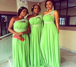 2020 Yeni Afrika Kireç Yeşil Şifon Nedime Elbiseleri Bir Omuz Dantel Boncuklu Kolsuz Uzun Bridemaids Balo Partisi Part1457694