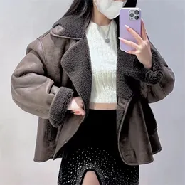 Womens Leather Faux PB ZA Winter Jacket Women Suede Lamb Fur Coat Brown Casual Vintage Clothes Fleece Turndown Collar Oversize Outwear 3548242 221115