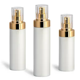 Weiße Airless-Vakuumlotion-Pumpflaschen aus Kunststoff, 50 ml, 80 ml, 100 ml, 120 ml, Emulsionsflasche mit goldfarbenen Pumpen, transparenter, staubdichter Abdeckung