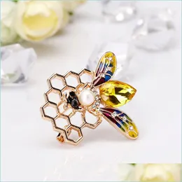 Pins Brooches Crystal Enamel Honeycomb Bee Brooch Pin Business Suit Tops Rhinestone Cor Brooches For Women Men Fashion Jewelry Drop Dhctm