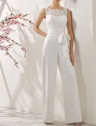 Jumpsuits Wedding Dress Juvel Neck golvl￤ngd Satin ￤rml￶s Simple Modern With Bow -applikationer Brudkl￤nningar 2023 Vestidos de Noiva