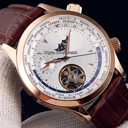 Nowy 42 mm Master Controlld World Geographic Q1522420 White Dial Automatyczna męska zegarek księżyc faza Tourbillon Rose Gold Case skóra Str259a