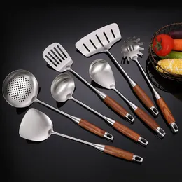 Peças de cozinha 304 alça de madeira aço inoxidável utensílios de cozinha espátula spatula shovel spaghetti colher colher kitchenware acessórios de cozinha 221114