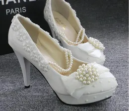 Свадебные туфли с белым бисером жемчужины круглой высокой каблуки Applique Summer Sandles Bridal Shoes Accessories7703721
