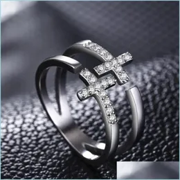 Pierścienie klastrowe podwójna warstwa diamentowa Jezus Cross Cross Ring Band palec otwarty Regulowane puste pierścionki z stosem Kobiety para biżuterii mody g dhhet