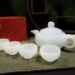 Conjunto de chá de desenho de pedra de jade natural com 1 bule 4 xícaras de xícara de chá de chá chinês kong fu -sofra de chá de chá