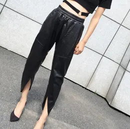 Women's Pants Fashion Split Design Genuine Sheep Leather Female Elastic Waist Leisure Hollow Cut Pant Wq854 Dropship