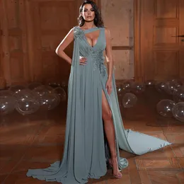 Stylish Side Split Prom Dresses Lace Appliqued Evening Gowns A Line Deep V Neck Sweep Train Chiffon Special Occasion Formal Wear