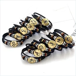 Charm Armbänder 12 Constell Lederarmband Bronze Münze Charm Horoskop Zeichen Mtilayer Wrap Armbänder Wommen Herren Armreif Manschette Mode Dhxyg