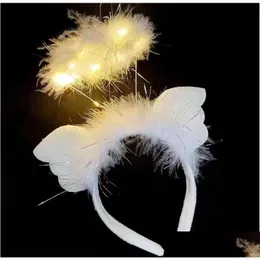 Other Event Party Supplies Light Up Led Angel Halo Headband White Feather Wings Party Christmas Fancy Dress Costume Hair Accessory Dhfro